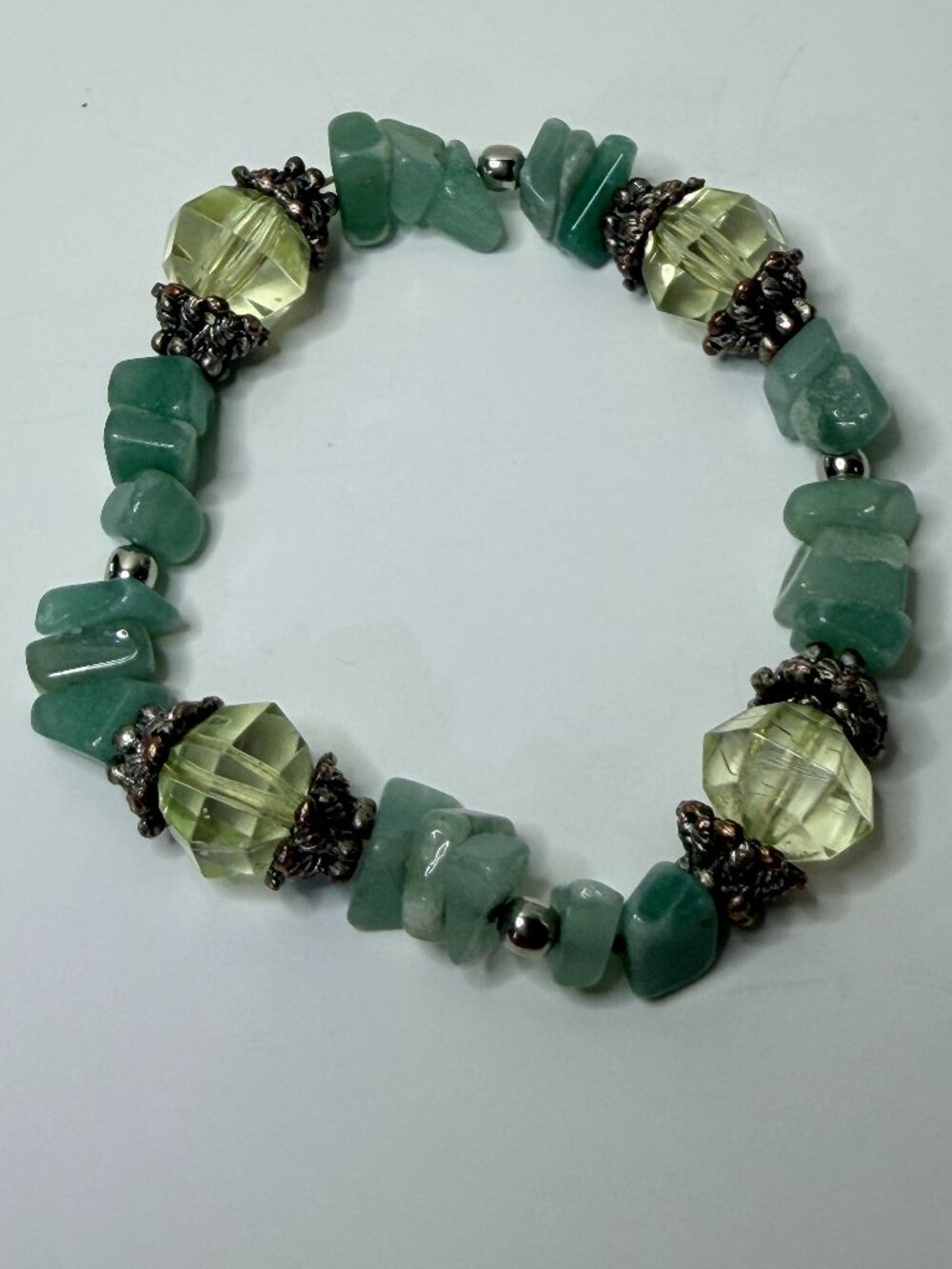 Vintage Victorian Look Stretch Bracelet w/ Green Stone Chip and Crystal Beads